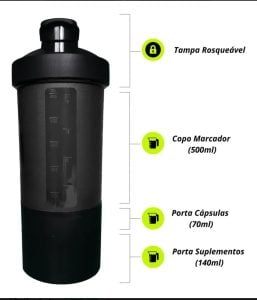 Coqueteleira Academia Shaker Compartimentos Whey Suplementos Cor Preto — foto 3