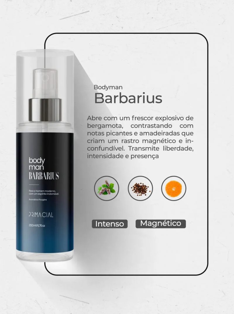 Body Splash Masculino Barbarius 200ml - Primacial Perfume Amadeirado — foto 2