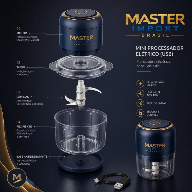Mini Processador de Alimentos Elétrico USB - Portátil, Recarregável, 250ml