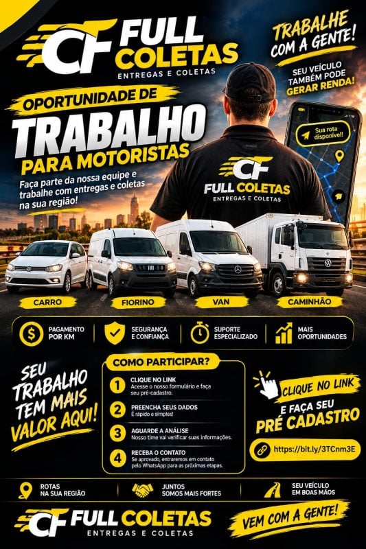 Motorista Agregado Fiorino, Van ou Caminhão Baú