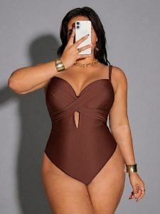 Maiô Sexy de Uma Peça com Cruzamento Frontal em Cor Sólida para Mulheres Plus Size — foto 3