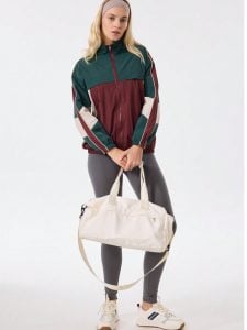 Jaqueta Solta Feminina, Gola Funnel com Blocos de Cor Vintage, Zíper de Duas Vias, Bolsos — foto 6