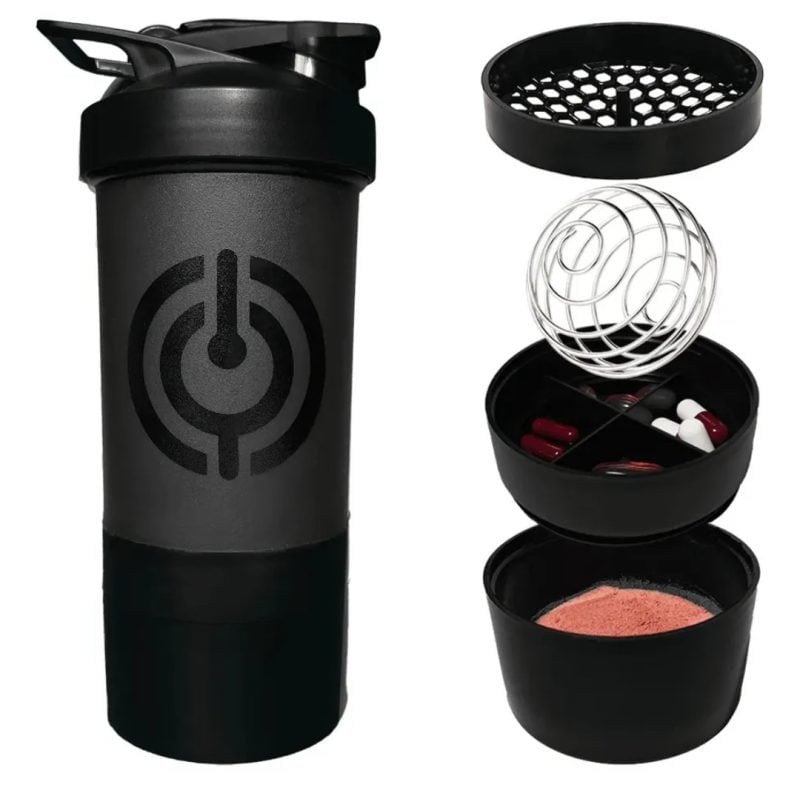 Coqueteleira Academia Shaker Compartimentos Whey Suplementos Cor Preto