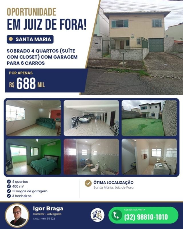Casa para Venda em Juiz de Fora, Santa Maria, 4 dormitórios, 1 suíte, 3 banheiros, 13 vaga