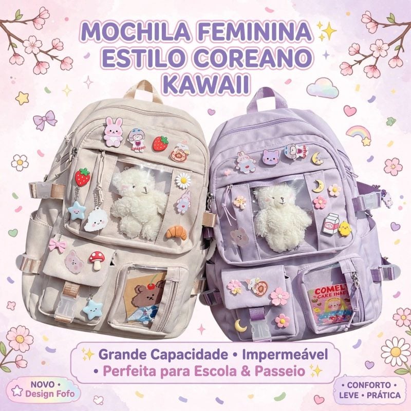 Mochila Feminina Escolar Passeio Coreano Grande Capacidade Sem Chaveiro Impermeável SMARKP