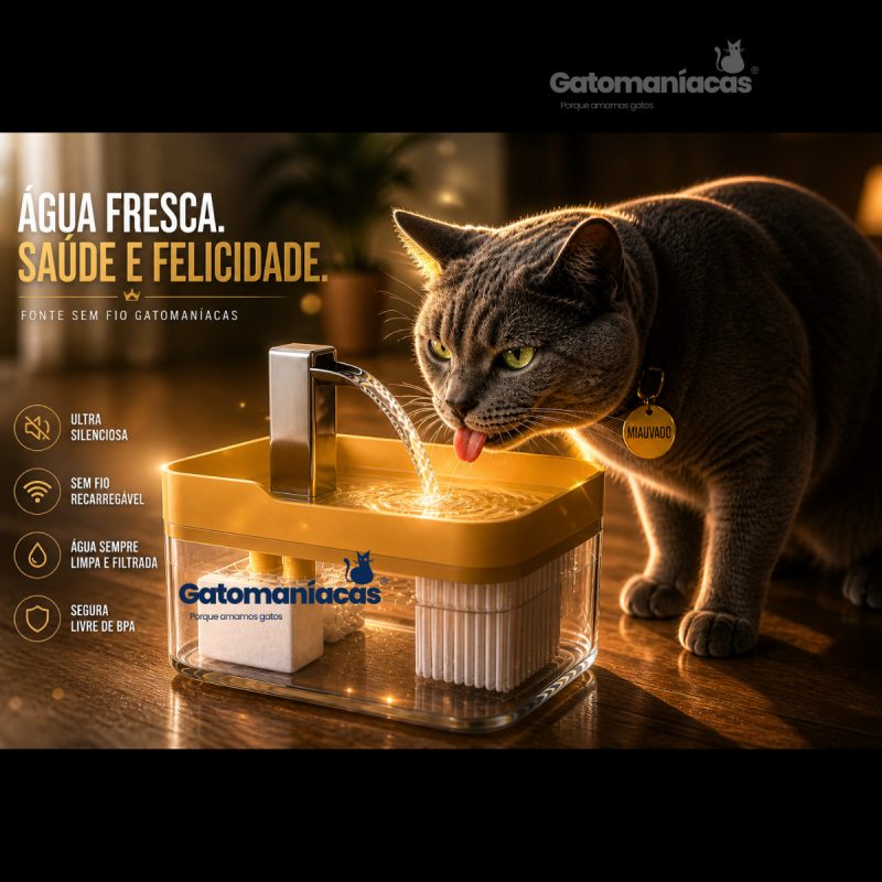 Fonte Bebedouro para Gatos Sem Fio com Torneira Filtro Bateria Recarregável USB Gatomaníacas