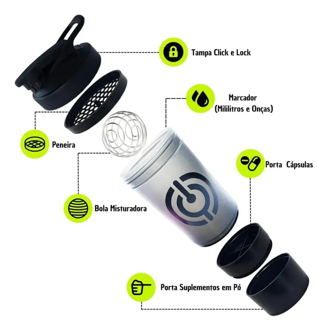 Coqueteleira Academia Shaker Compartimentos Whey Suplementos Cor Preto — foto 2