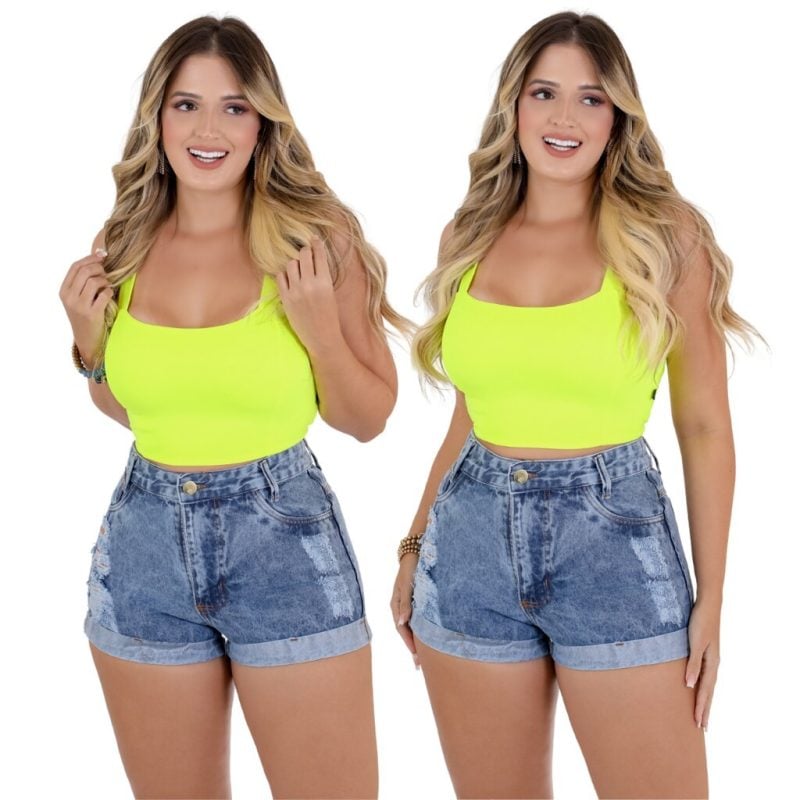 Short Jeans Feminino Soft Chuviscado Cós Alto Barra Dobrada