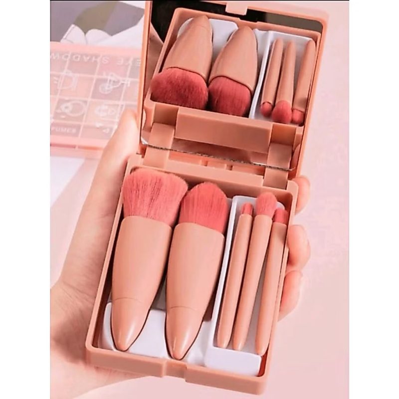 Mini Espelho De Maquiagem Portátil Com 5 Pcs Pincéis De Maquiagem Lupa Mão Segurar Bolso