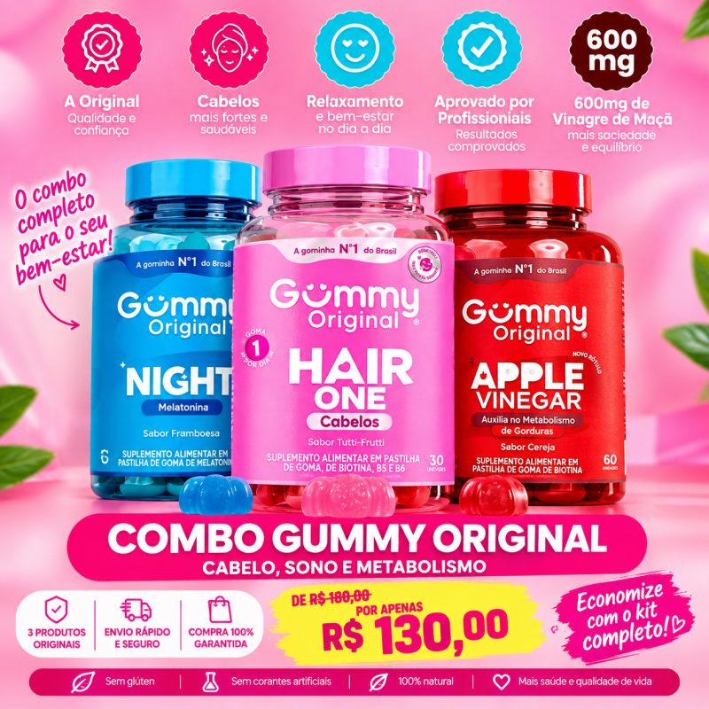 Kit 3 Gummies: Cabelo, Sono e Metabolismo