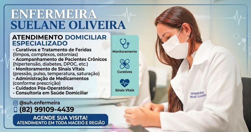 Enfermeira Domiciliar em Maceió - Curativos e Cuidados com Idosos (Atendimento Domiciliar)