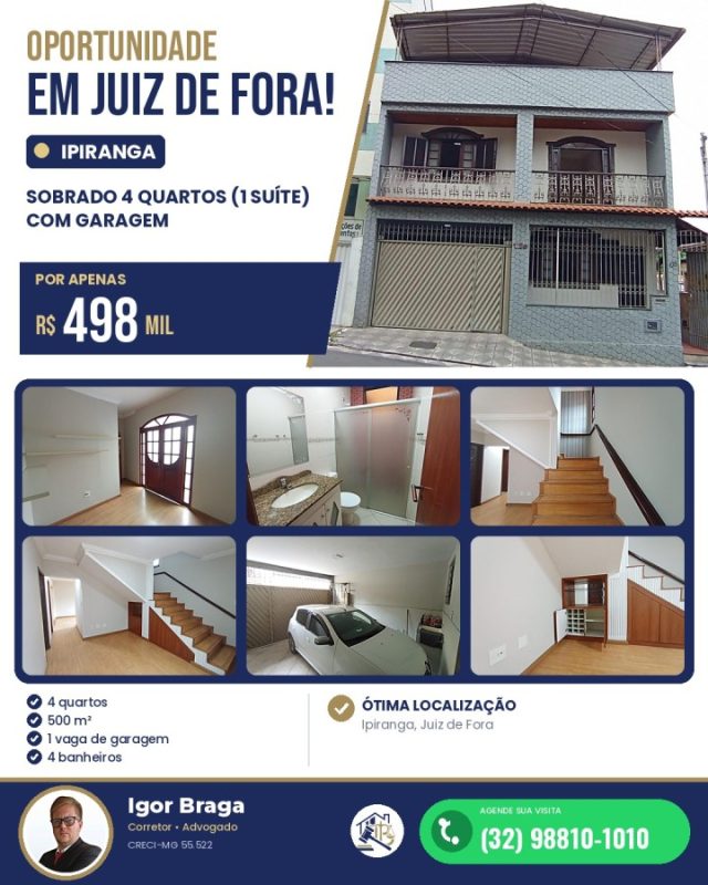 Casa para Venda em Juiz de Fora, Ipiranga, 4 dormitórios, 1 suíte, 4 banheiros, 1 vaga