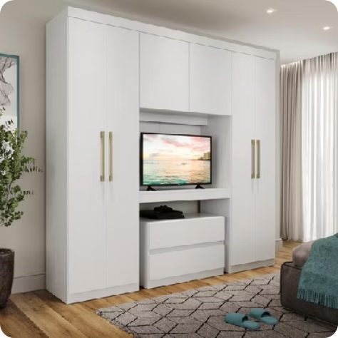 Guarda Roupa Casal 6 Portas 2 Gavetas Porto Branco com Painel de TV Carraro