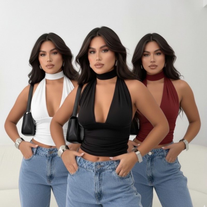 Kit 3 Cropped Canelado De Amarração Blusa Feminina Transpassada