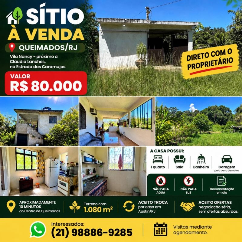 VENDO SÍTIO EM QUEIMADOS ÁREA RURAL 1.080m2