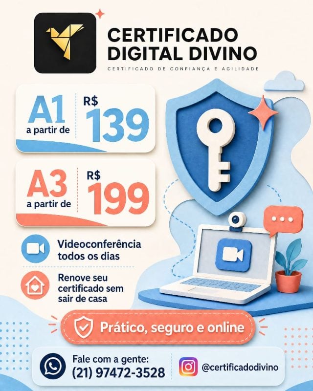 CERTIFICADO DIGITAL DIVINO - A1 PJ por 139; aproveite a promoção; Emissao 100% online!