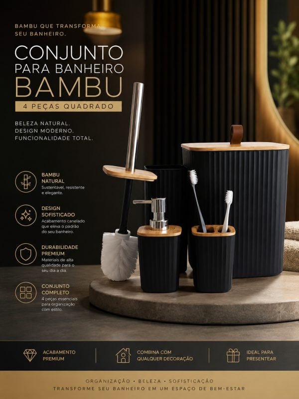 Kit Banheiro Completo Lixeira C/ Tampa Detalhes Em Bambu Luxo