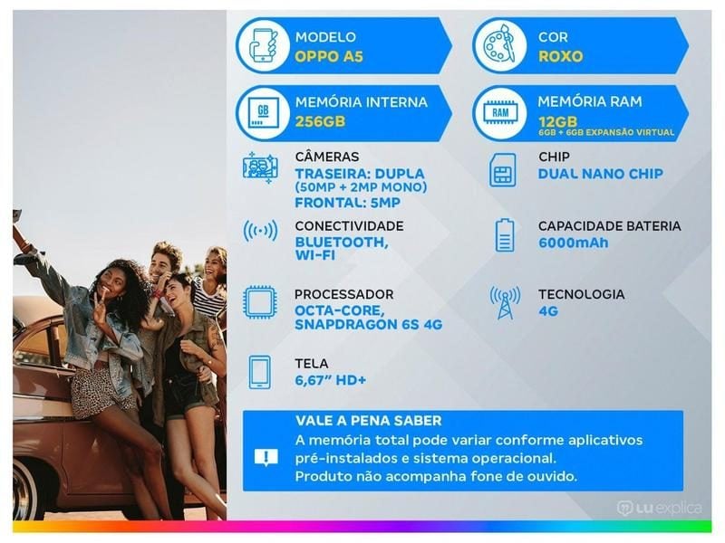 OPPO A5 256GB 12GB RAM Roxo Tela 6,67 Câmera Dupla Smartphone Potente — foto 2