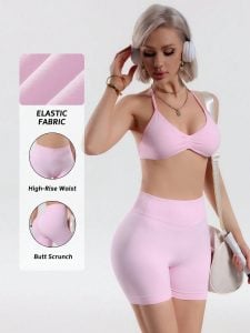 Conjunto Feminino de Verão 2 Peças Top Rosa e Shorts Cintura Alta, Adequado para Esportes, — foto 4