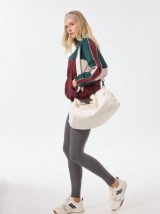 Jaqueta Solta Feminina, Gola Funnel com Blocos de Cor Vintage, Zíper de Duas Vias, Bolsos — foto 3