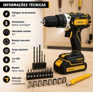 Parafusadeira Furadeira 25V Nakasaki Sem Fio a Bateria Profissional Kit Completo — foto 5