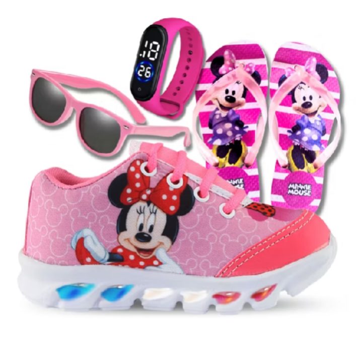 Kit Tênis De Led Minnie + Chinelo, Relógio e Óculos.
