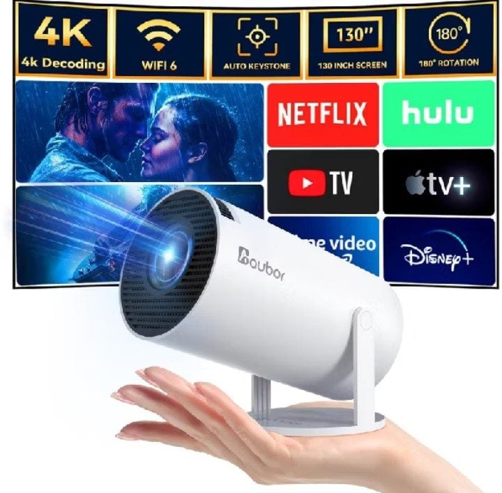 Mini Projetor Portátil Smart HY300 4K, Wi-Fi 6 e Rotação 180°.