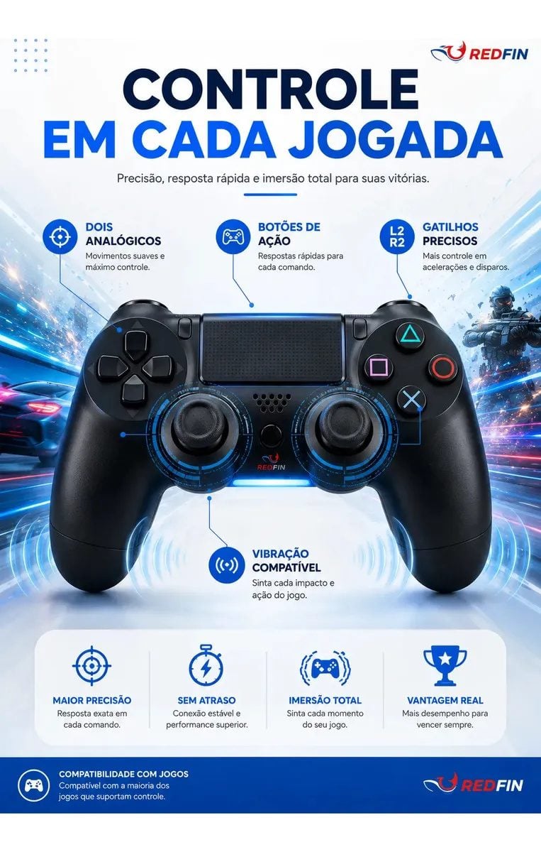 Controle Sem Fio Joystick REDFIN Bluetooth Compatível Para Ps4 Videogame Tv Samsung Pc P4 — foto 2