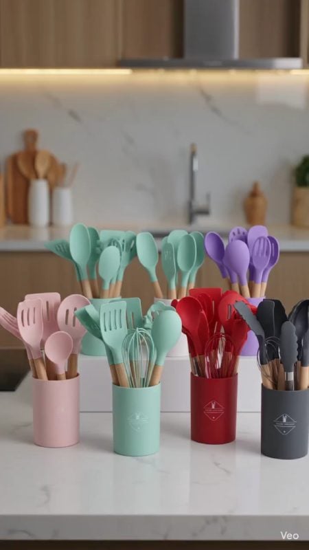 KIT de Utensílios Para Cozinha em Silicone e Bambu 12 Peças