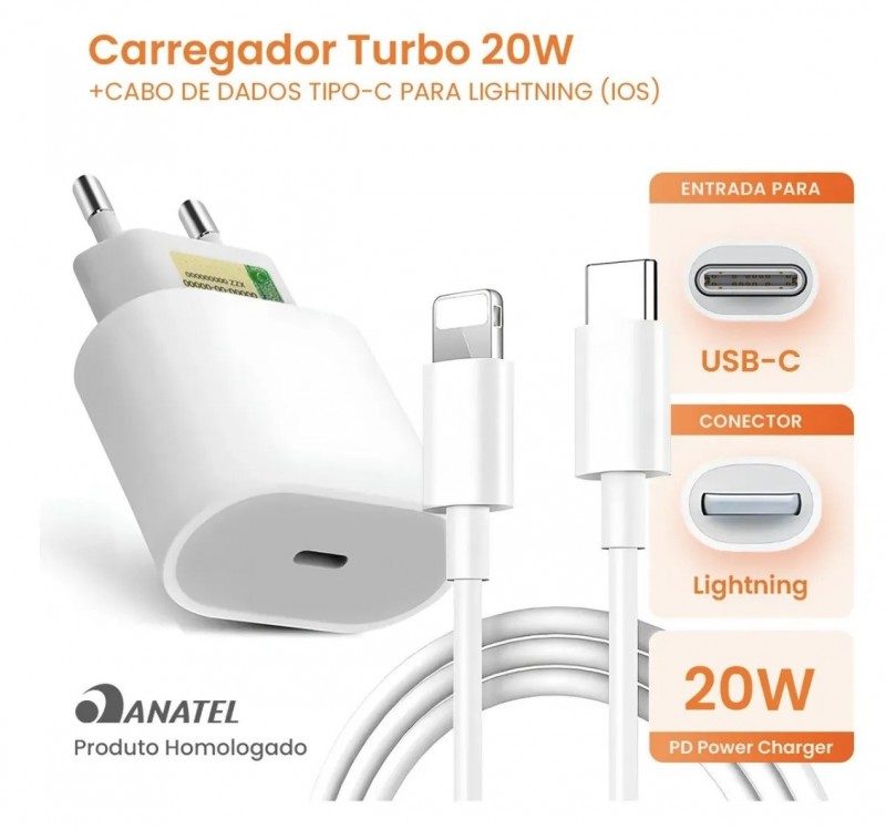 Carregador Compativel Com iPhone 8 X Xr 11 12 13 14 Pro Max Turbo Fonte Tipo C Boyu Cell