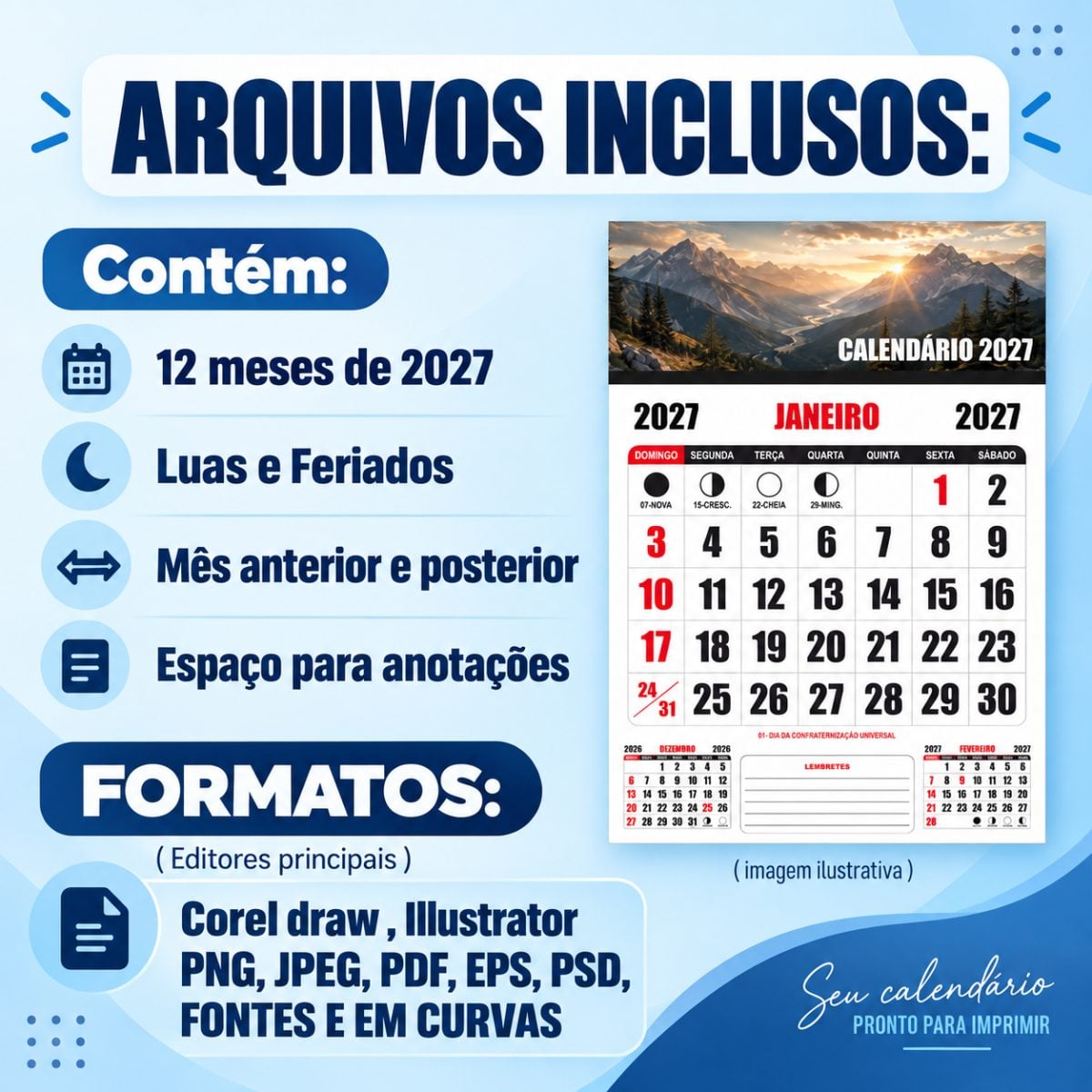 Pack 8 Bases editáveis em vetor de Calendários 2027 Cdr - Ilustrator - Photoshop — foto 2