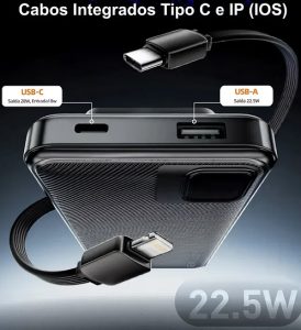 Power Bank 10.000mAh Turbo 22,5W com Display Digital e Cabos Integrados Power Bank 10.000m — foto 3