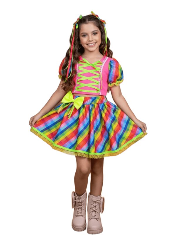 Conjunto Festa Junina Infantil Luxo Manu Rosa Neon Banana Club Caipira São João