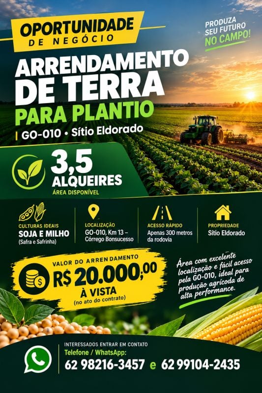 Terra para Arrendamento Agrícola - 3,5 Alqueires - Senador Canedo/G