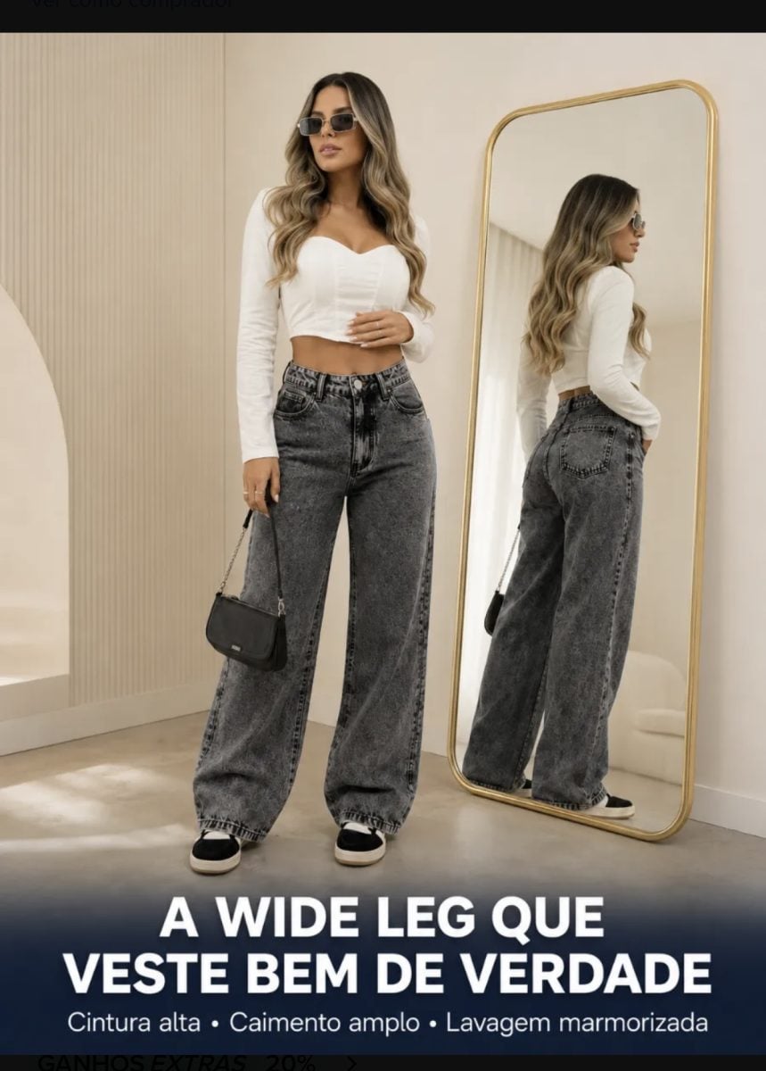 Calça Jeans Wide Leg Feminina Cintura Alta Pantalona — foto 2