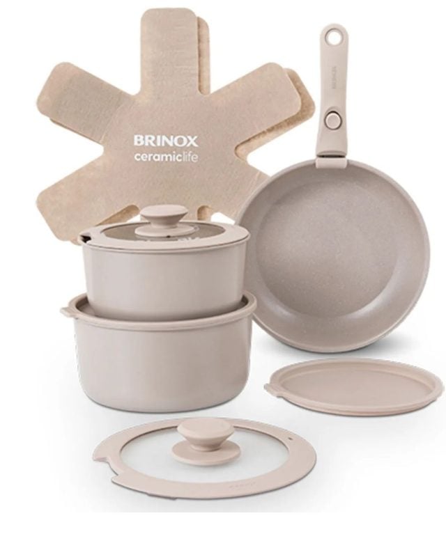 Jogo de Panelas Empilhável Brinox Fit 10 Peças Antiaderente Ceramic Life, Cabo Removível e