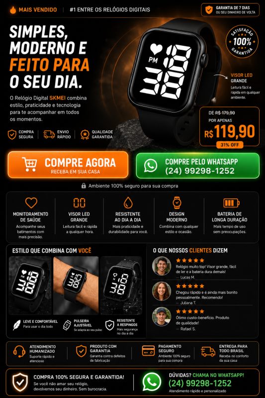 Relógio Digital Skmei Estilo, Tecnologia E Praticidade No Seu Pulso!