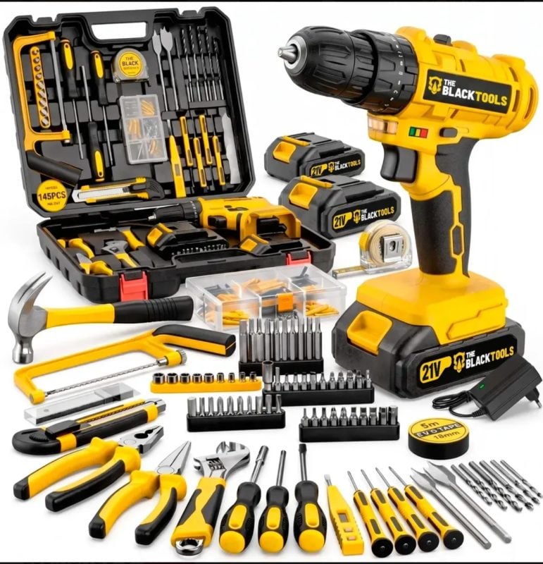 Parafusadeira Furadeira De Impacto The Black Tools Profissional 2 Baterias Com Maleta + Ki