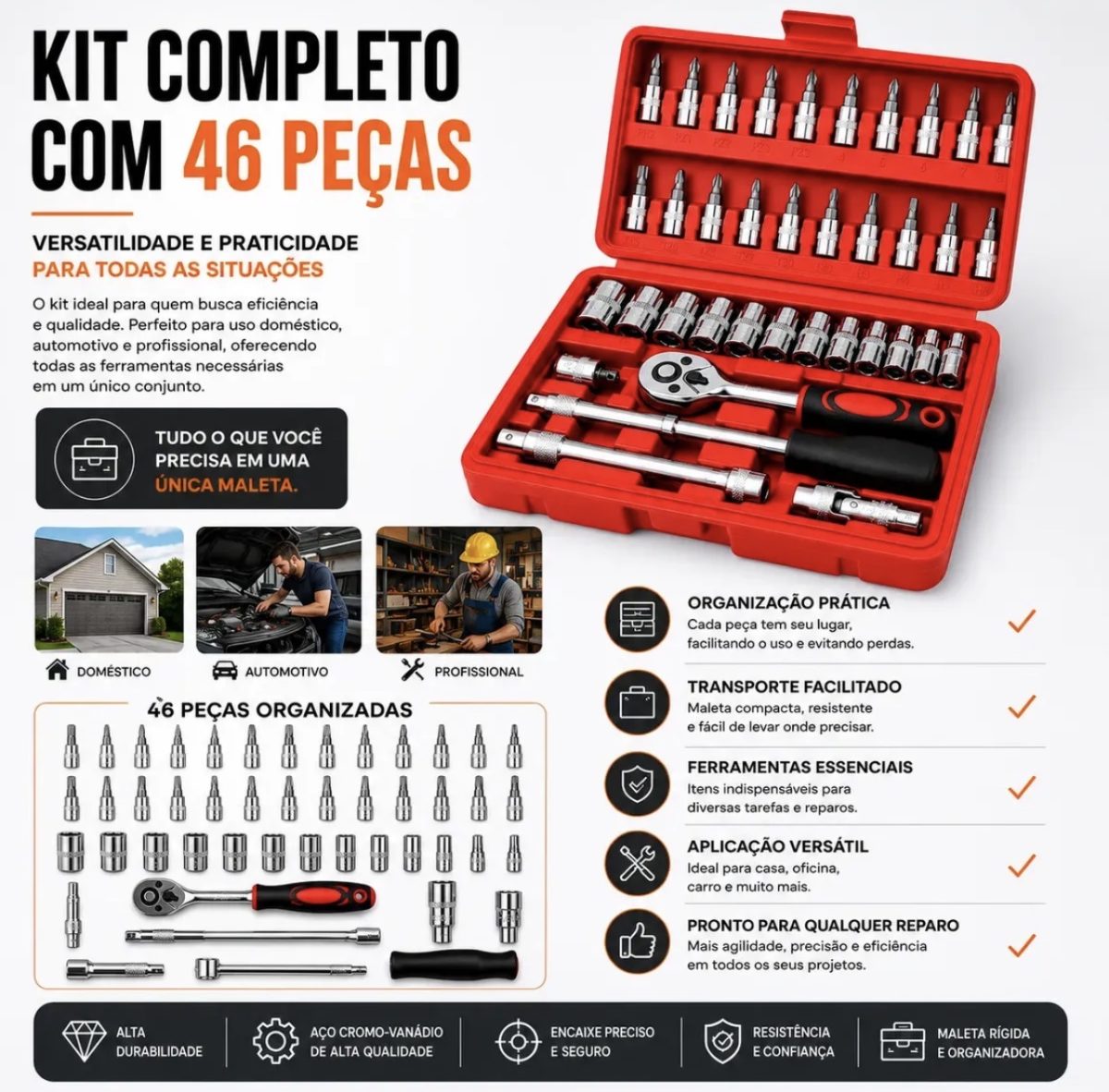 Kit Jogo De Soquete Catraca 1/4 Com 46 Peças Aço Maleta Novo — foto 2