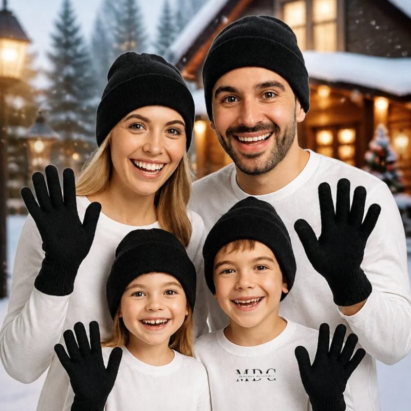 Kit Touca e Luva Preta Lisa Feminina e Masculino Perfeito para Criança e Adulto o Inverno