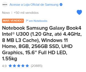 Notebook Samsung Galaxy Book4 Intel® U300 (1.20 Ghz, até 4.4GHz , 5 núcleos), Windows 11 — foto 4