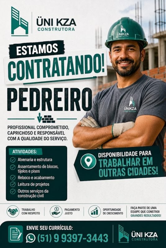 Vaga: Pedreiro, Servente e Mestre de Obras - Sapiranga/RS