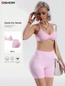 Conjunto Feminino de Verão 2 Peças Top Rosa e Shorts Cintura Alta, Adequado para Esportes, — foto 5