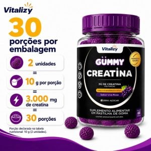 Creatina em Goma Gummy 3g Zero Açúcar 60 Gomas Sabor Uva Roxa Vitalizy — foto 9