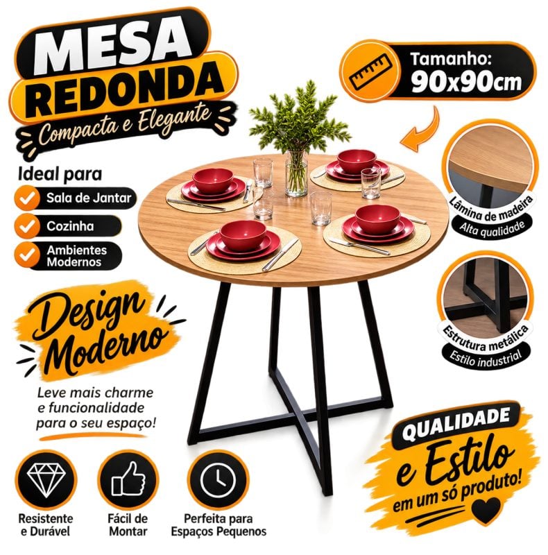 Mesa de Jantar Redonda 90x90cm Design Moderno com Estrutura Metálica