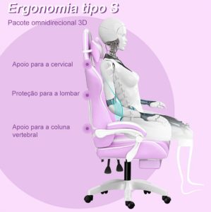Cadeira Gamer Python Fly Lilás Rosa com Orelhinhas de Coelho Reclinável — foto 4