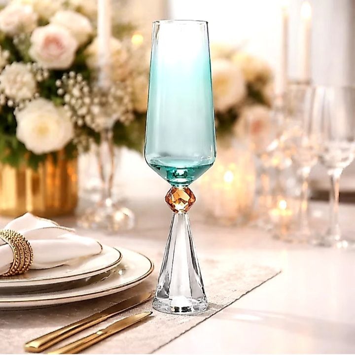 Taça de Champanhe de Cristal Luxo Azul Turquesa com Detalhe em Cristal Lapidado