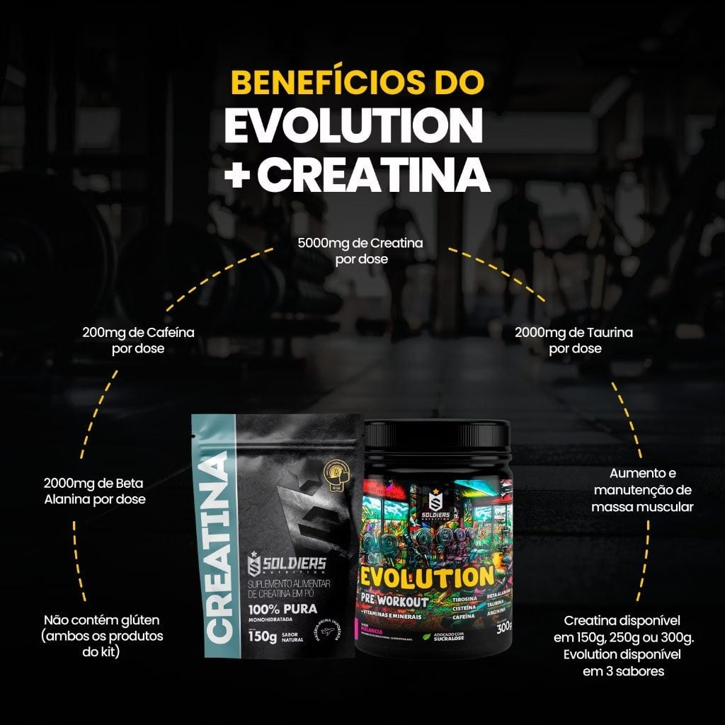 Kit Creatina Monohidratada + Pré Treino Evolution 300g Aminoácidos Essenciais - Soldiers — foto 2