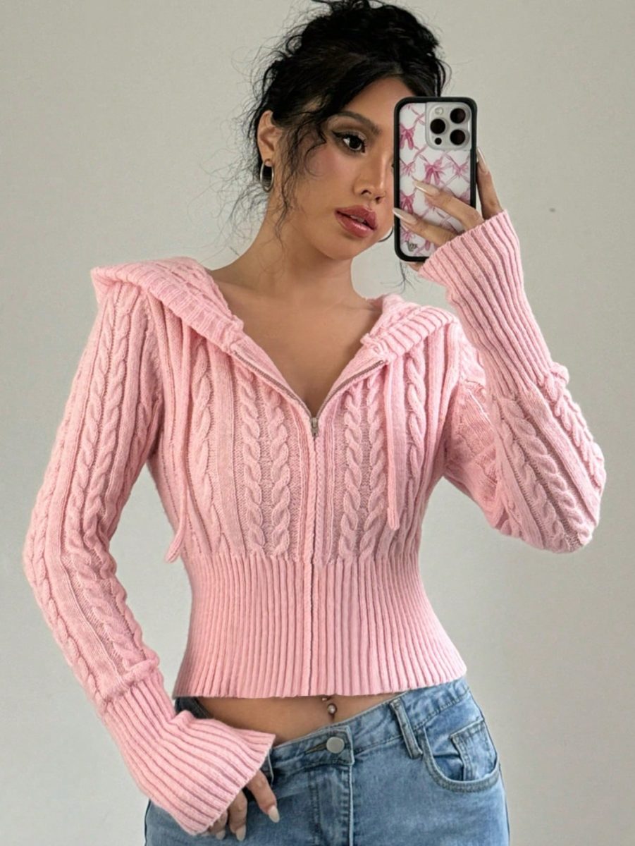 Flirla Cardigan com Capuz e Cordão de Cor Sólida para Mulheres, Primavera Outono, Blusas — foto 2