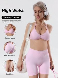 Conjunto Feminino de Verão 2 Peças Top Rosa e Shorts Cintura Alta, Adequado para Esportes, — foto 6